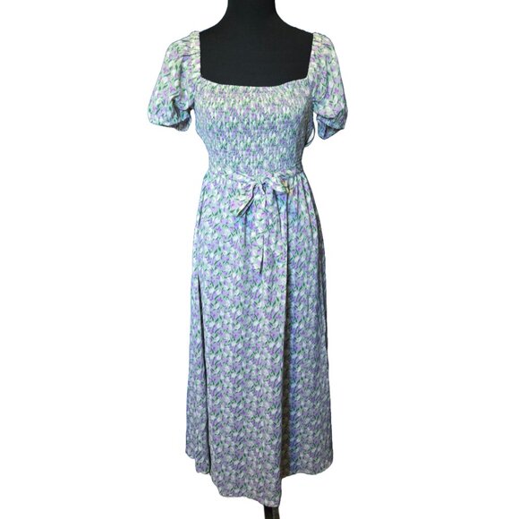 Floral Tulip Smocked Puff Sleeve Prairie Midi Dress Cottagecore - Picture 2 of 9